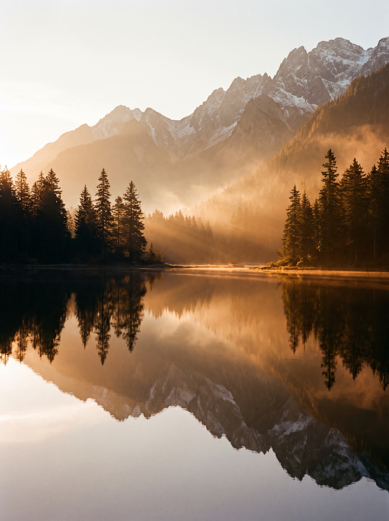Misty mountains reflected in a calm lake at golden hour