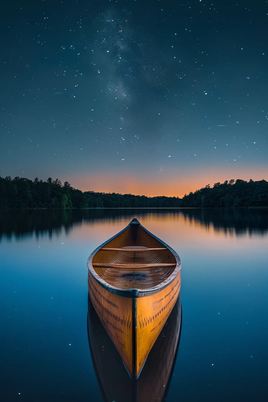 Canoe on a calm lake at sunset