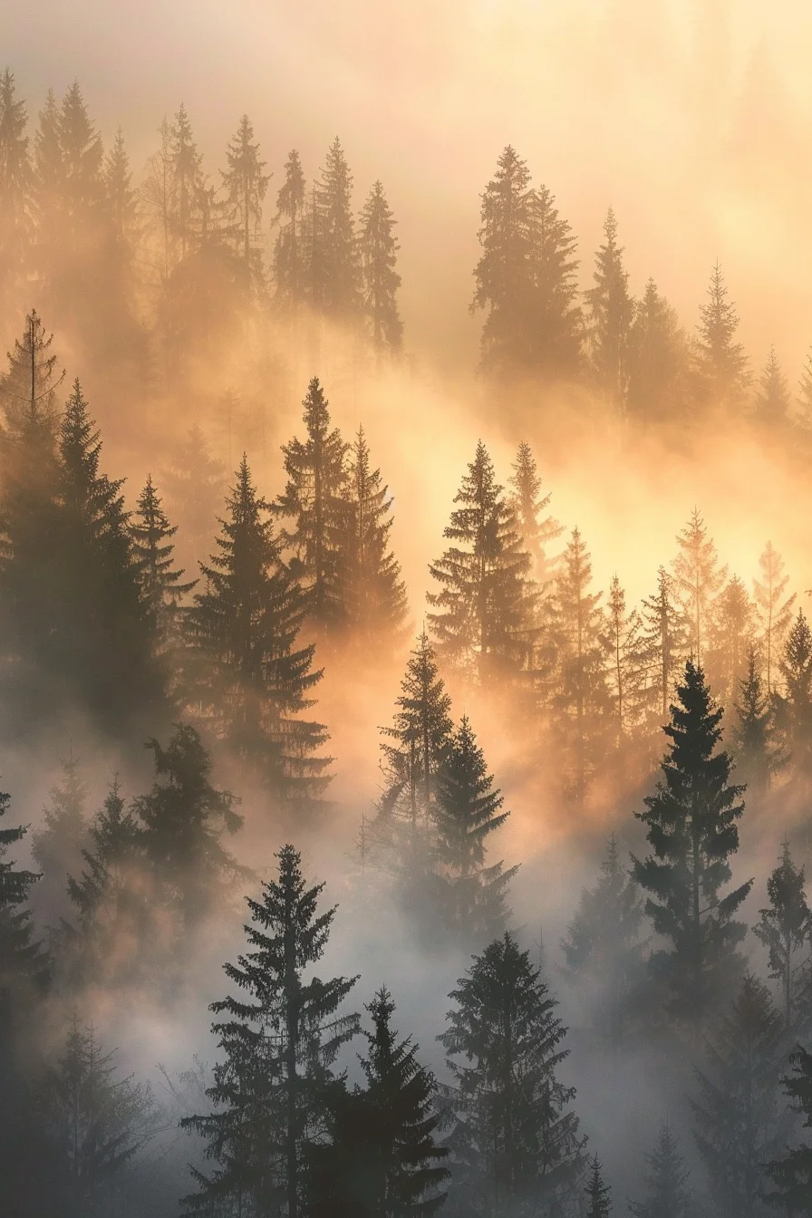 Forest of tall trees at night