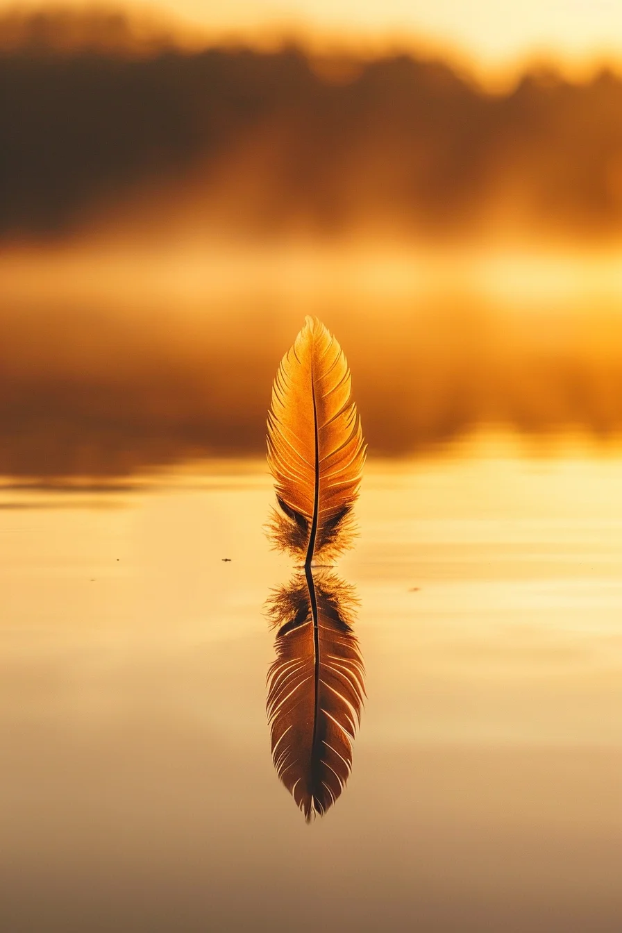 Single feather against a golden sunset sky