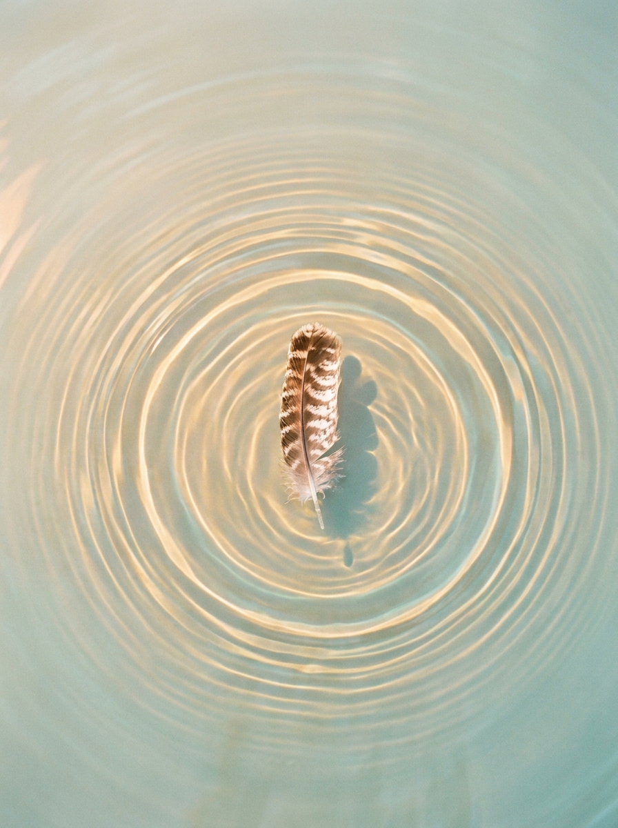 Feather resting on golden water